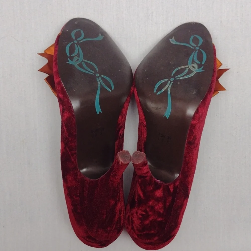 Poetic License Burgundy Velvet Heels with Gold Bow & Jewel Accent